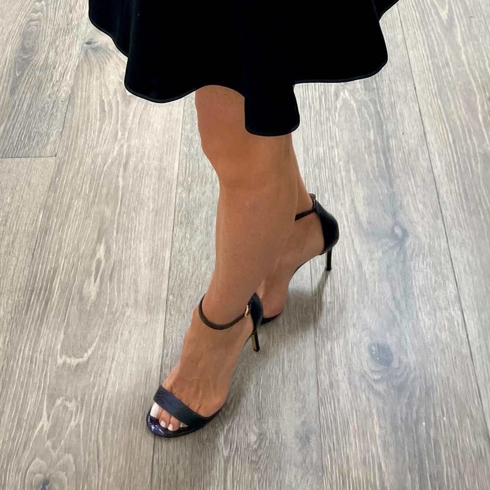 Tory Burch Iridescent Black Snakeskin Heels With Gold Heel Accent - Size 7.5